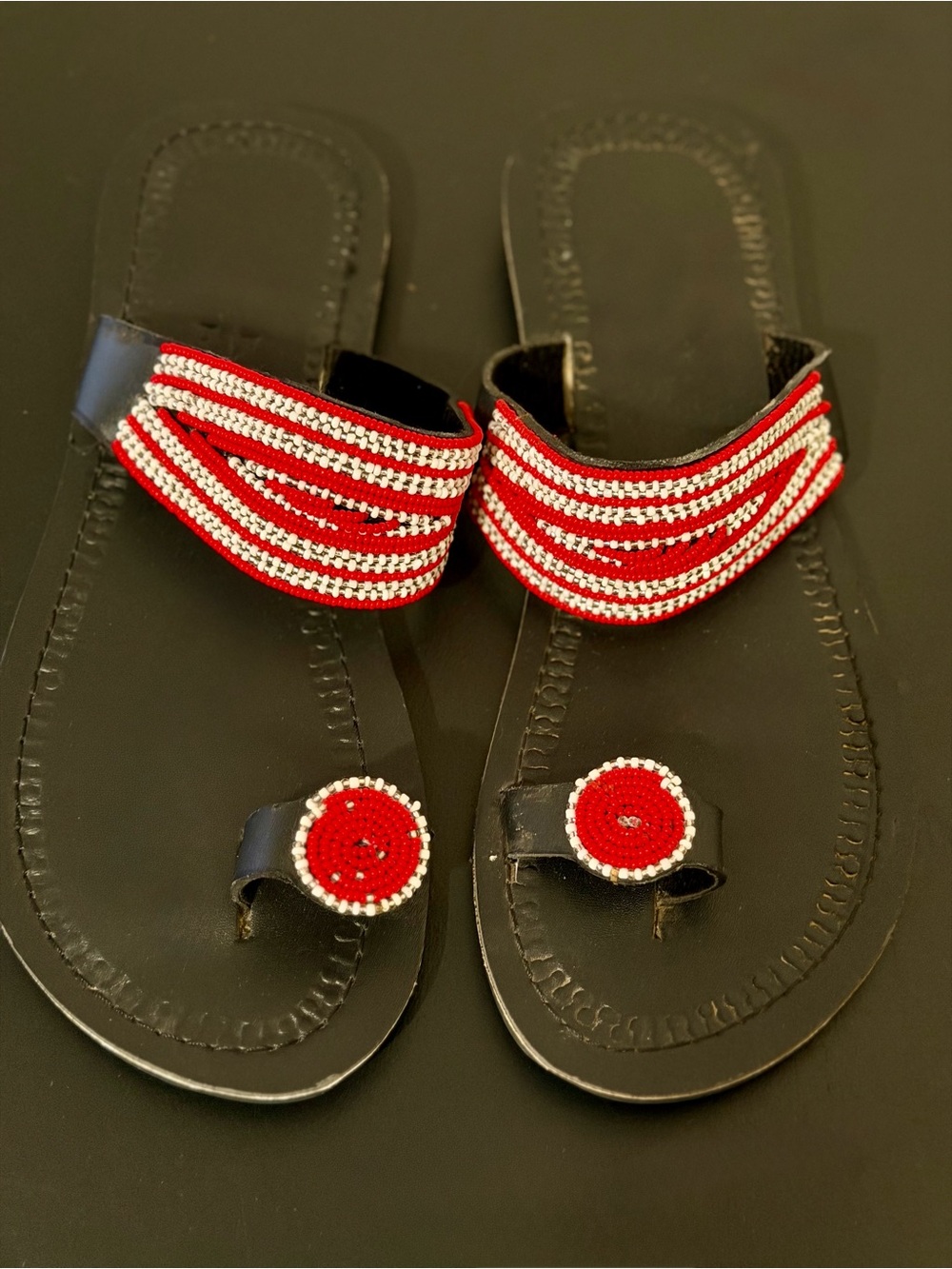 Women’s Black Sandals with Red Beaded Accent